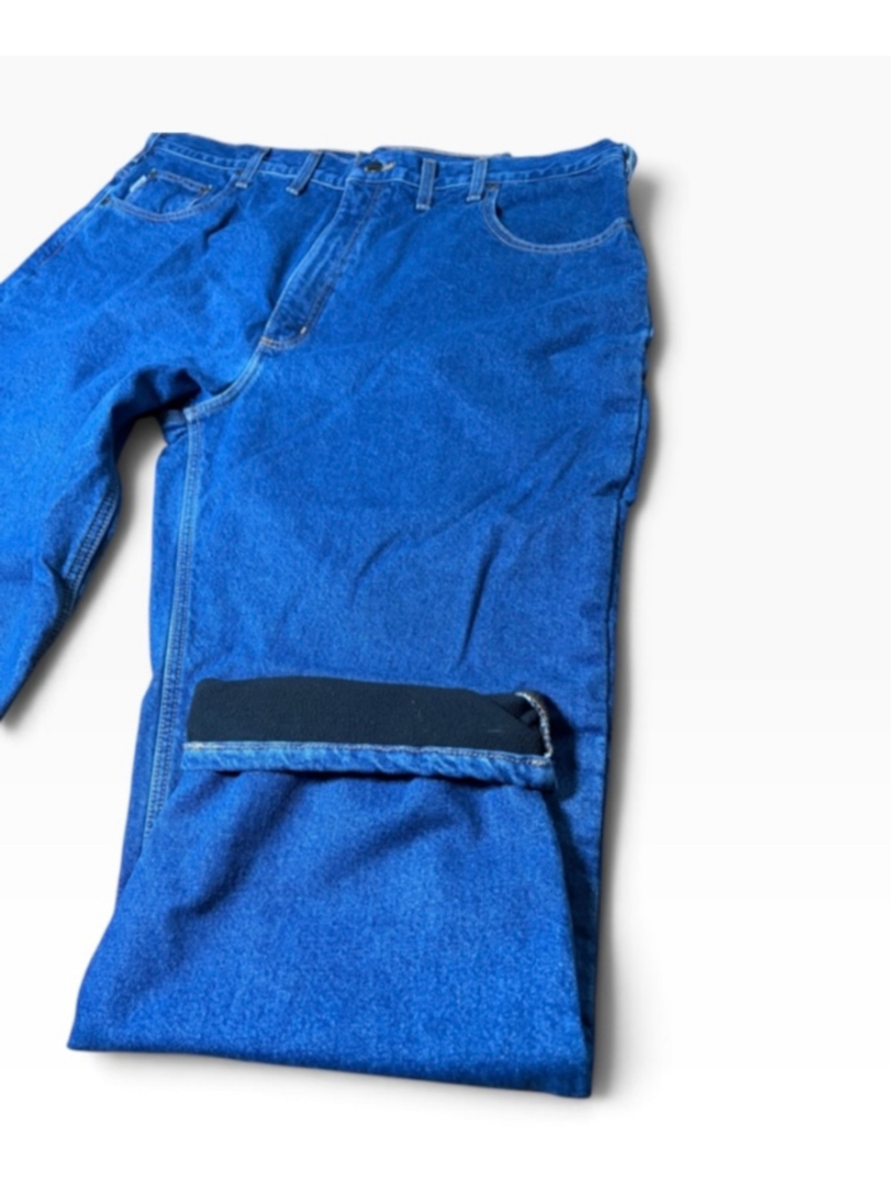 Men's Carhartt Straight Jeans Waist 44x32 Blue Black Fleece Lined